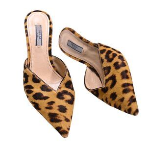 Prada Genuine Calf Hair Kitten Heel Mule in Brown Leopard Print